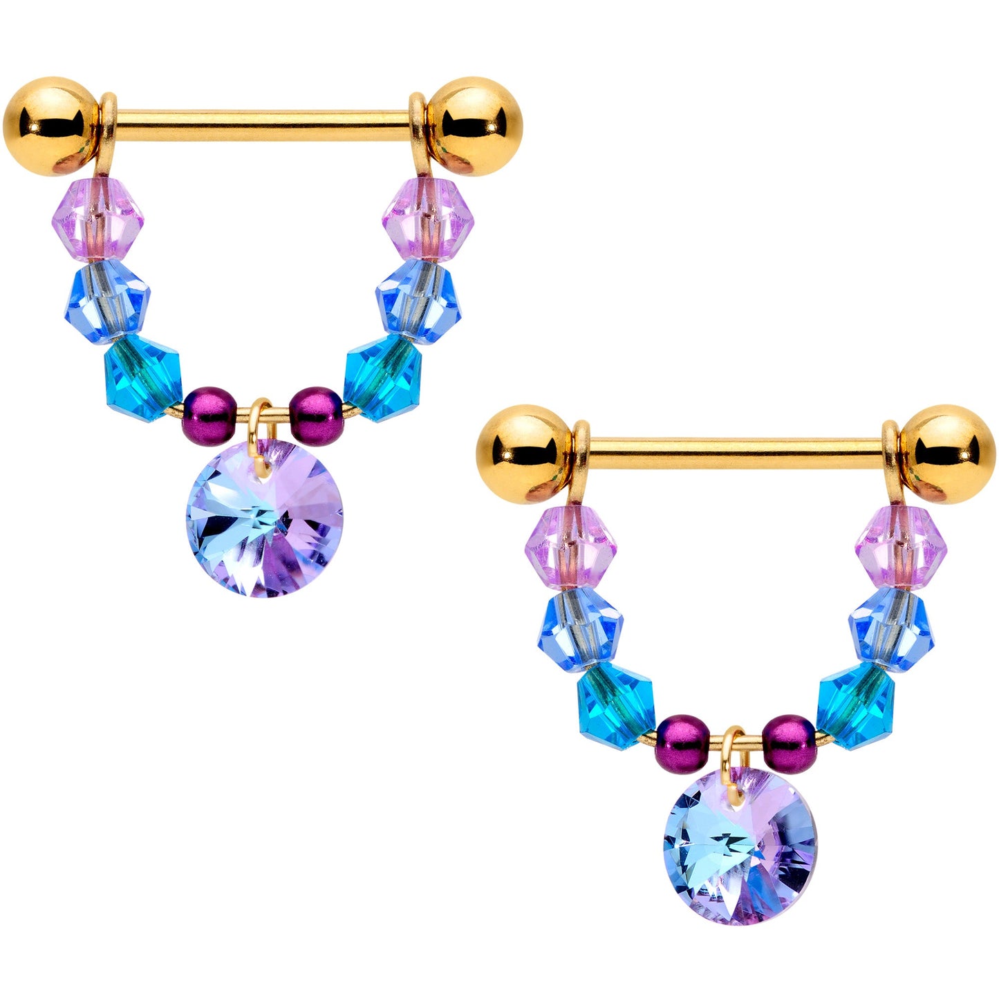 14 Gauge 5/8 Blue Purple Gem Gold Tone Disc Nipple Ring Set