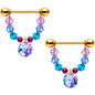 14 Gauge 5/8 Blue Purple Gem Gold Tone Disc Nipple Ring Set