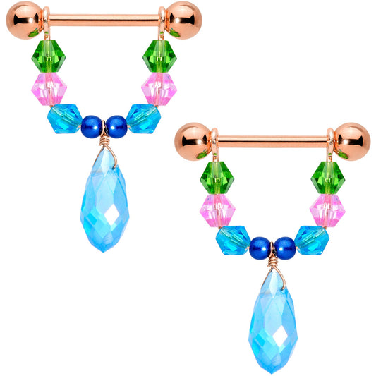 14 Gauge 5/8 Blue Pink Green Gem Rose Gold Tone Drop Nipple Ring Set