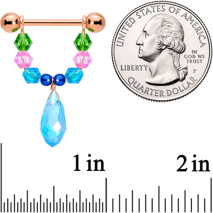 14 Gauge 5/8 Blue Pink Green Gem Rose Gold Tone Drop Nipple Ring Set