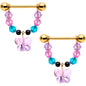 14 Gauge 5/8 Pink Blue Gem Gold Tone Butterfly Dangle Barbell Nipple Ring Set