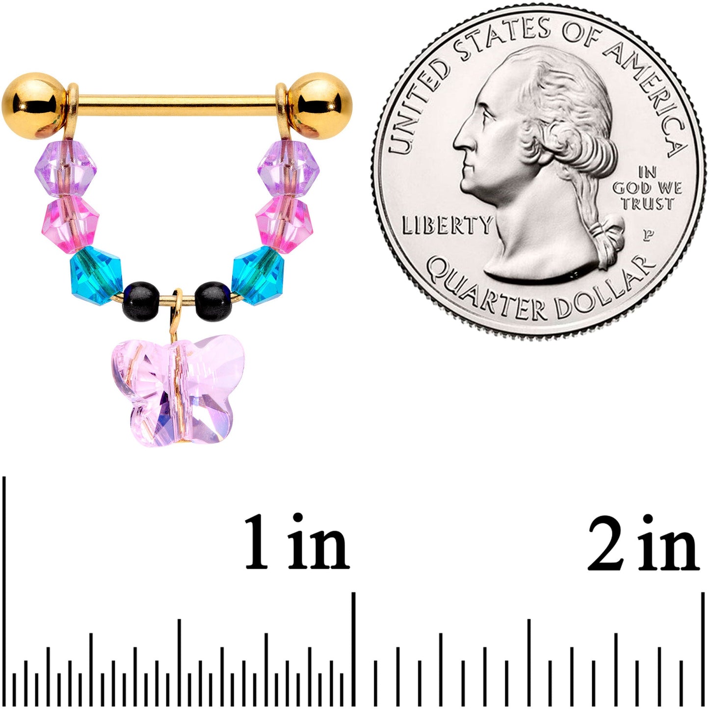 14 Gauge 5/8 Pink Blue Gem Gold Tone Butterfly Dangle Barbell Nipple Ring Set