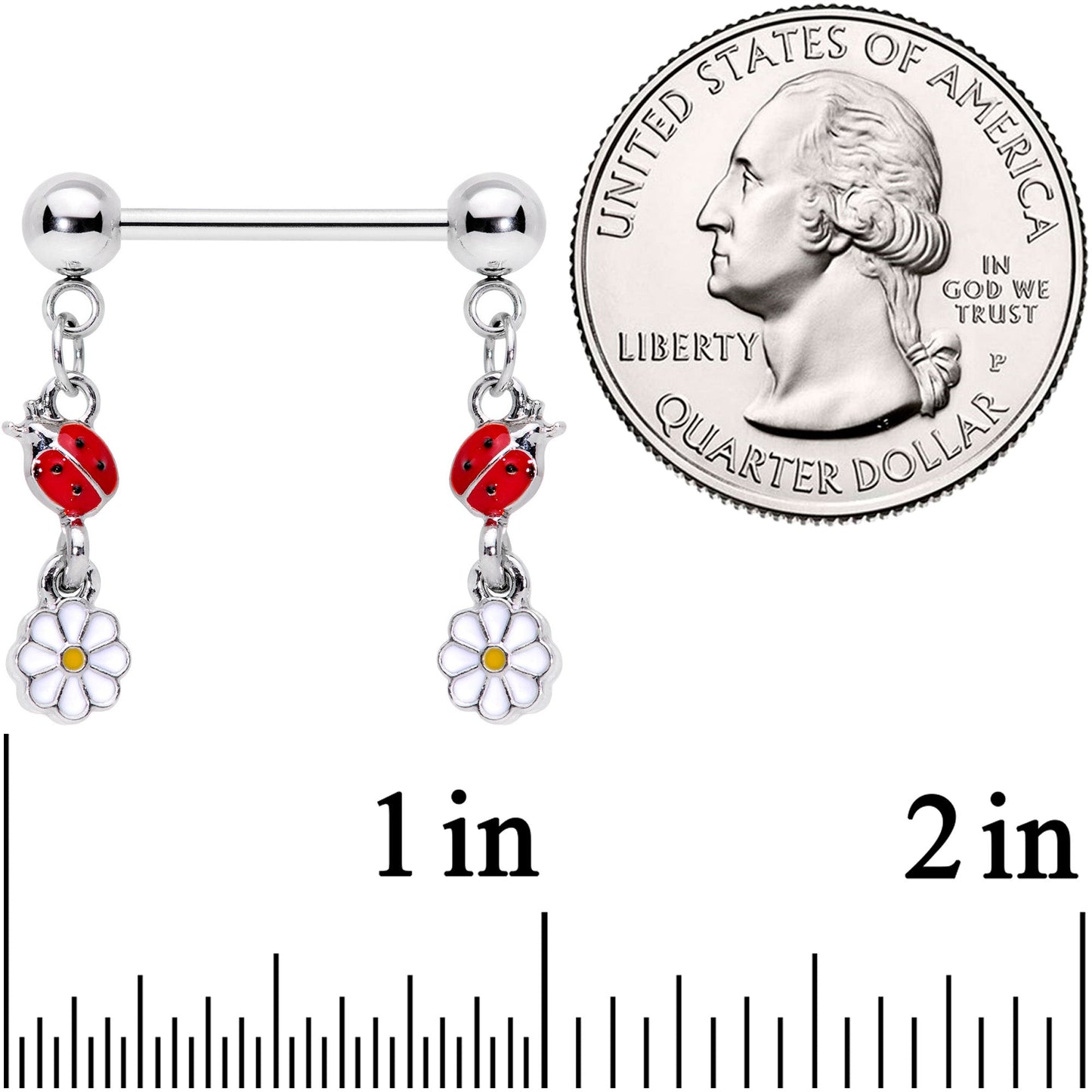 14 Gauge 5/8 Red White Ladybug Flower Dangle Barbell Nipple Ring Set