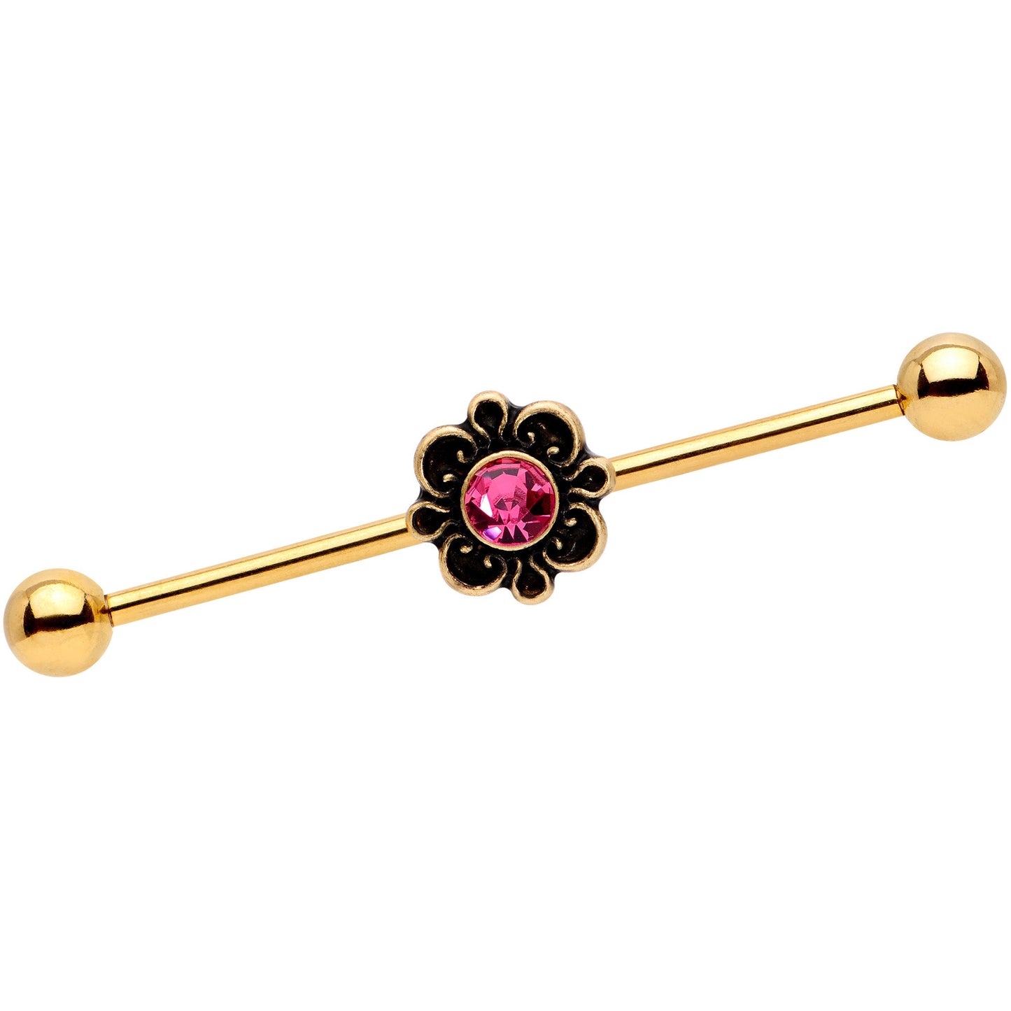 14 Gauge Pink Gem Gold Tone Flower Industrial Barbell 38mm