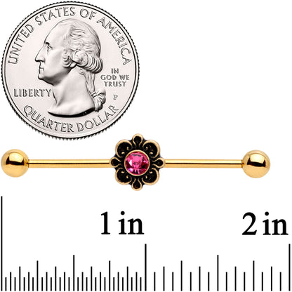 14 Gauge Pink Gem Gold Tone Flower Industrial Barbell 38mm