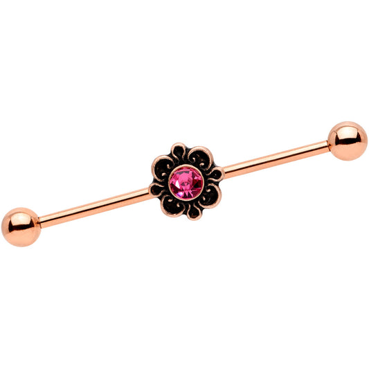 14 Gauge Pink Gem Rose Gold Tone Flower Industrial Barbell 38mm