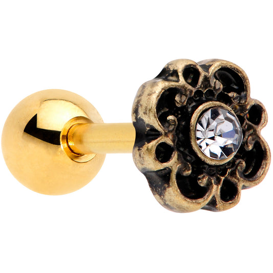 16 Gauge 1/4 Clear Gem Gold Tone Flower Emblem Tragus Cartilage Earring
