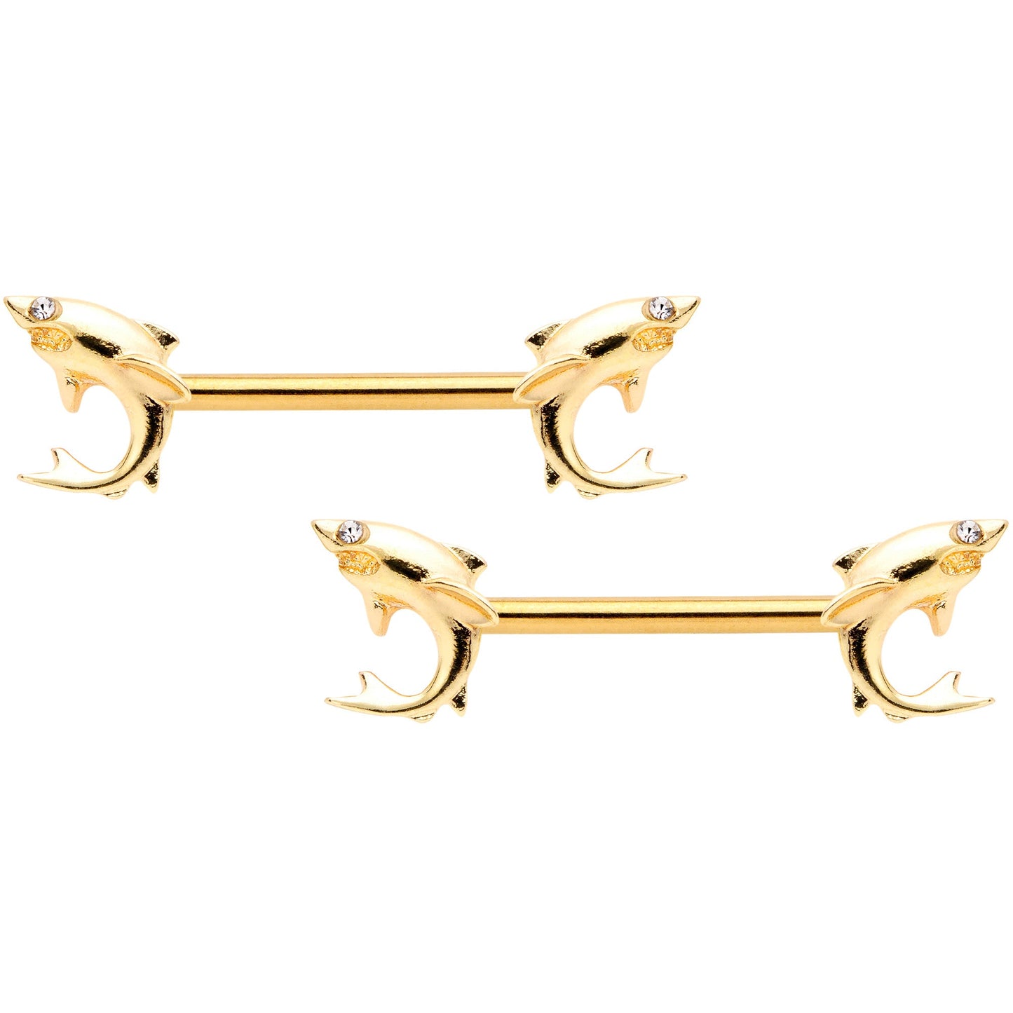 14 Gauge 9/16 Clear Gem Gold Tone Toothy Shark Barbell Nipple Ring Set