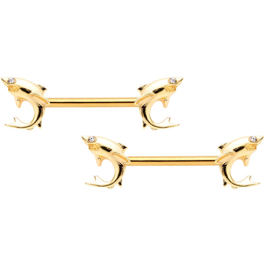 14 Gauge 9/16 Clear Gem Gold Tone Toothy Shark Barbell Nipple Ring Set