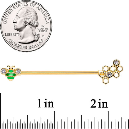 14 Gauge Clear Gem Gold Tone Green Bee Industrial Barbell 38mm