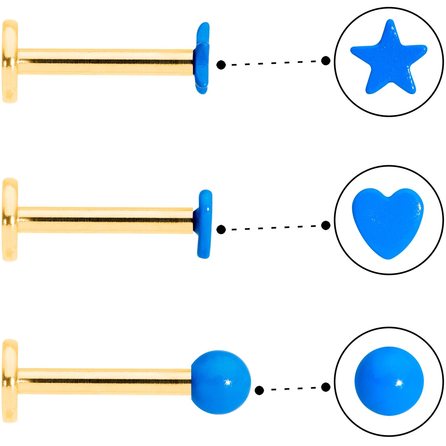 16 Gauge 5/16 Gold Tone Blue Glow Star Heart Labret Set of 3