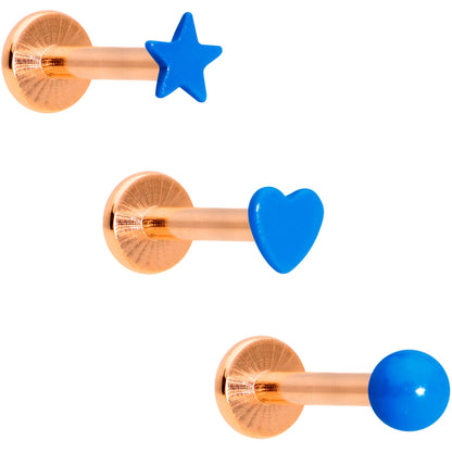 16 Gauge 5/16 Rose Gold Tone Blue Glow Star Heart Labret Set of 3