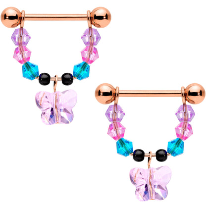 14 Gauge Pink Gem Rose Gold Tone Butterfly Dangle Nipple Ring Set