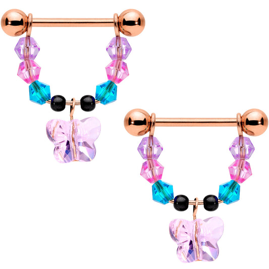 14 Gauge Pink Gem Rose Gold Tone Butterfly Dangle Nipple Ring Set