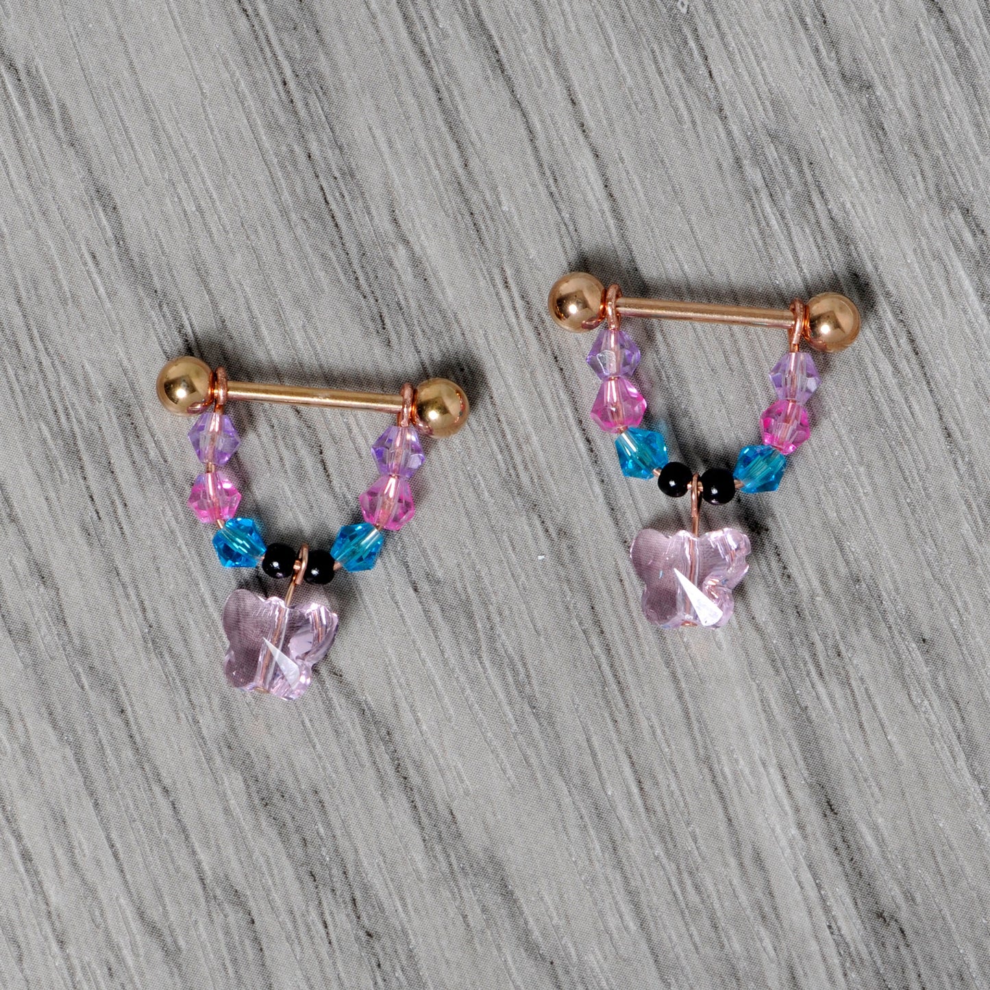 14 Gauge Pink Gem Rose Gold Tone Butterfly Dangle Nipple Ring Set