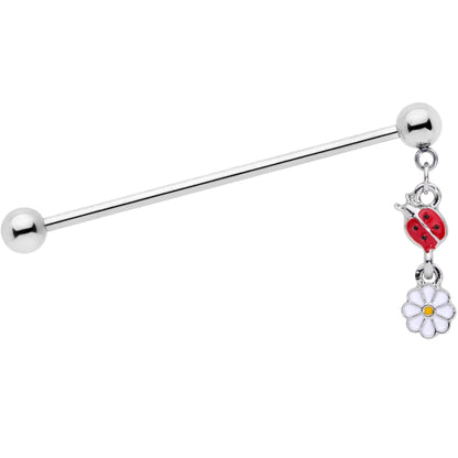 14 Gauge Red White Ladybug Flower Dangle Industrial Barbell 38mm