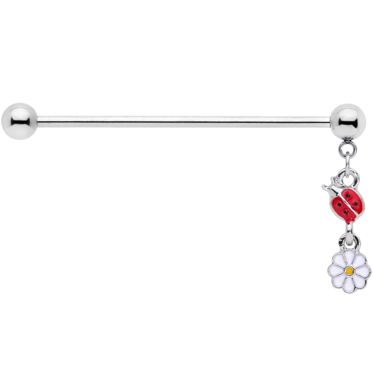 14 Gauge Red White Ladybug Flower Dangle Industrial Barbell 38mm