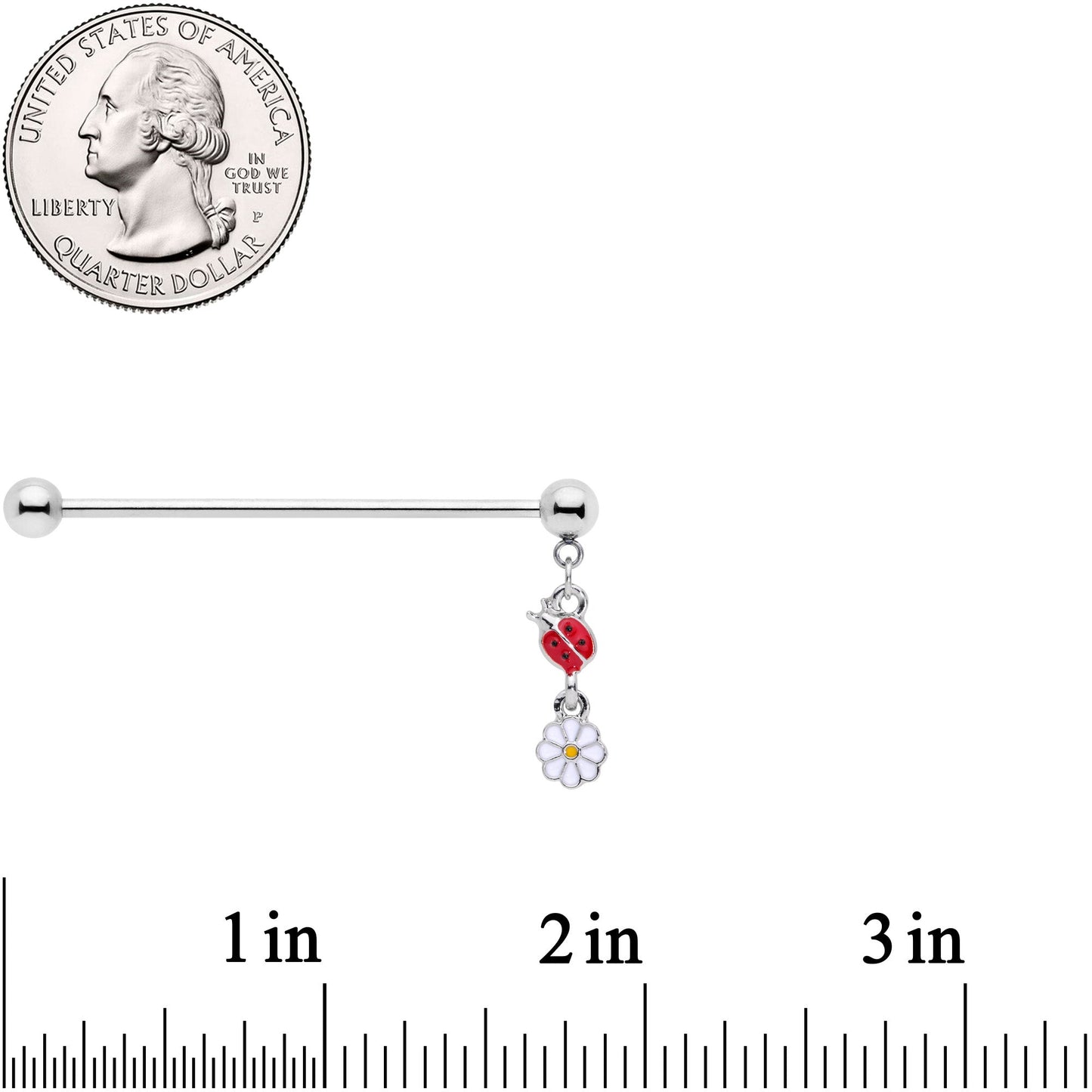 14 Gauge Red White Ladybug Flower Dangle Industrial Barbell 38mm