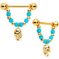 14 Gauge 5/8 Faux Turquoise Gold Tone Skull Dangle Nipple Ring Set