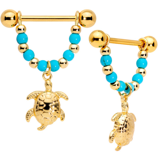 14 Gauge 5/8 Faux Turquoise Gold Tone Sea Turtle Dangle Nipple Ring Set