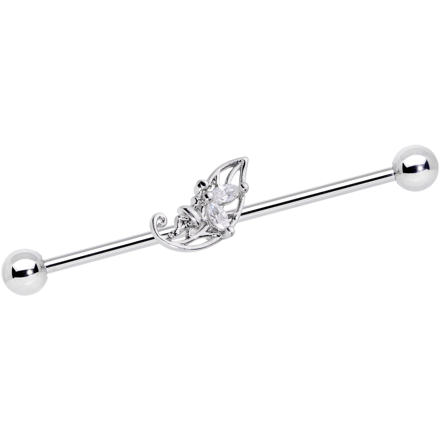 14 Gauge Clear CZ Gem Fairy Leaf Industrial Barbell 38mm