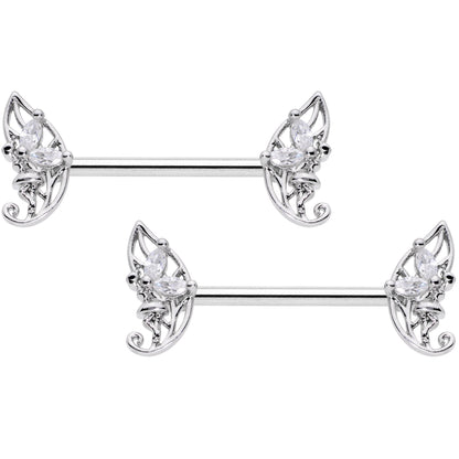 14 Gauge 9/16 Clear CZ Gem Fairy Leaf Barbell Nipple Ring Set