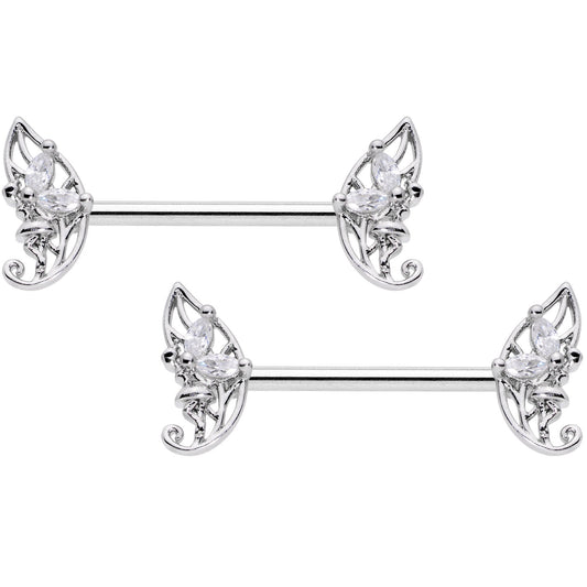 14 Gauge 9/16 Clear CZ Gem Fairy Leaf Barbell Nipple Ring Set