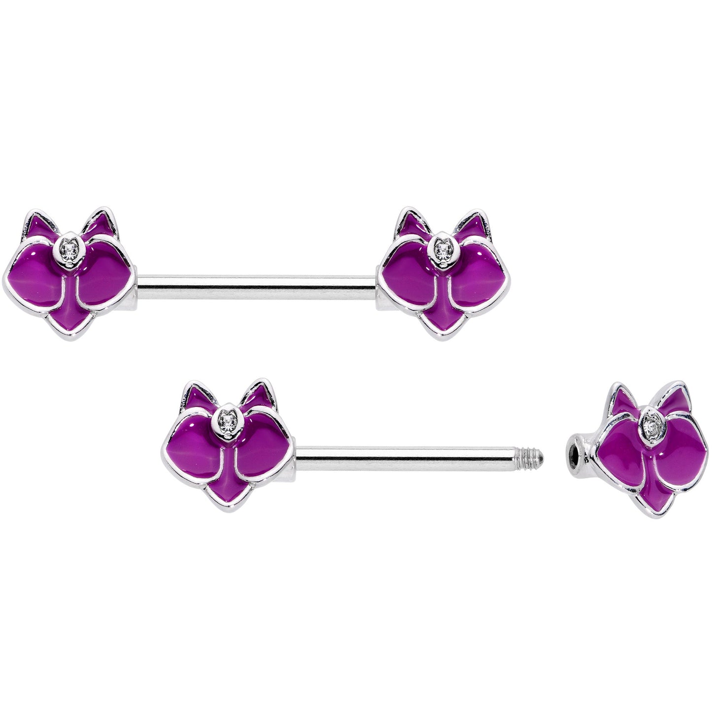 14 Gauge 9/16 Clear Gem Purple Orchid Flower Barbell Nipple Ring Set