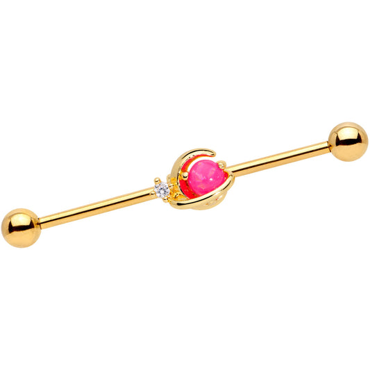 14 Gauge Clear CZ Gem Gold Tone Pink Moon Industrial Barbell 38mm