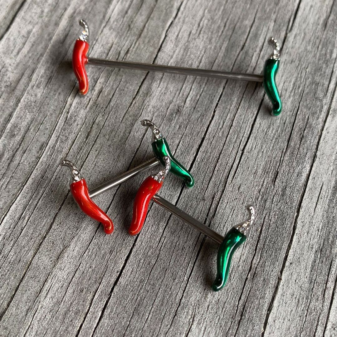 14 Gauge Clear Gem Red Green Pepper Industrial Barbell 38mm