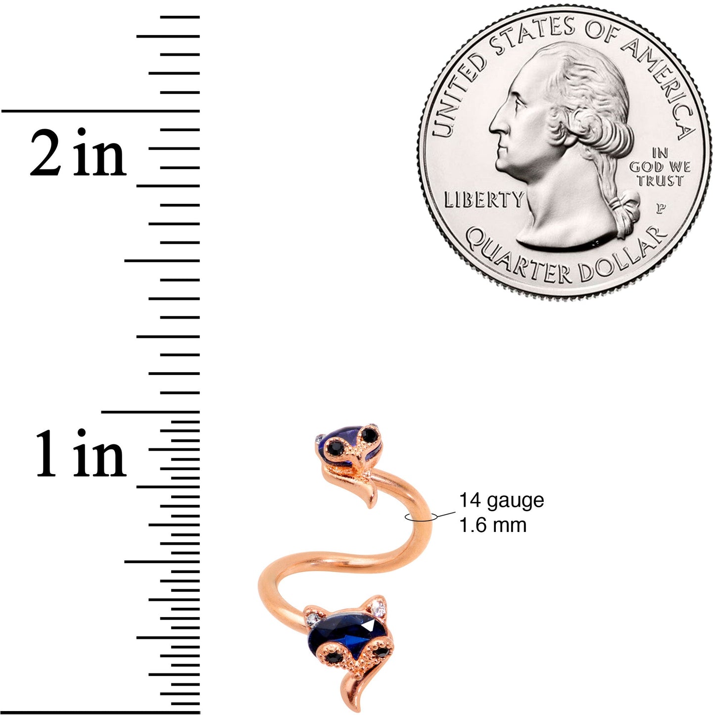 14 Gauge 1/2 Blue Gem Rose Gold Tone Animal Fox Spiral Twister Belly Ring