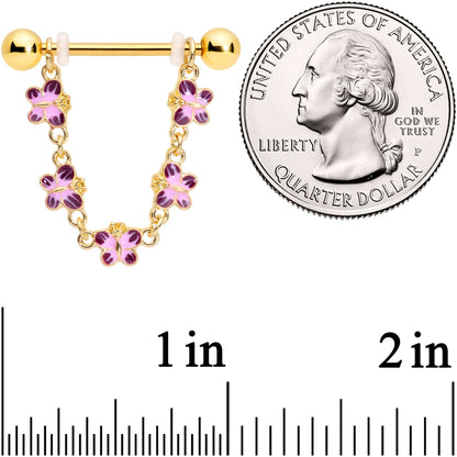 14 Gauge 3/4 Pink Purple Gold Tone Butterflies Dangle Nipple Ring Set