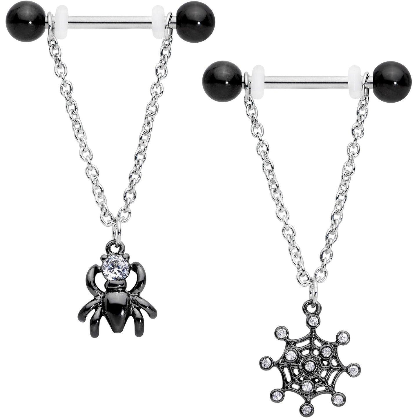 14 Gauge 5/8" Clear CZ Gem Spider Web Black Dangle Nipple Ring Set