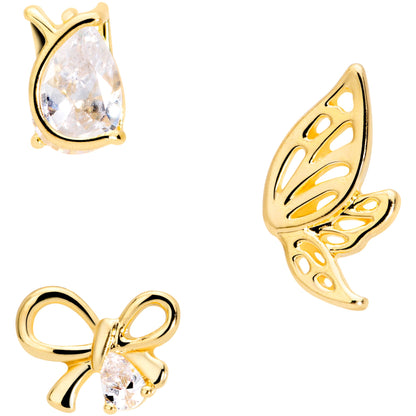 16 Gauge 5/16 Clear CZ Gem Gold Tone Bow Cartilage Tragus Set of 3