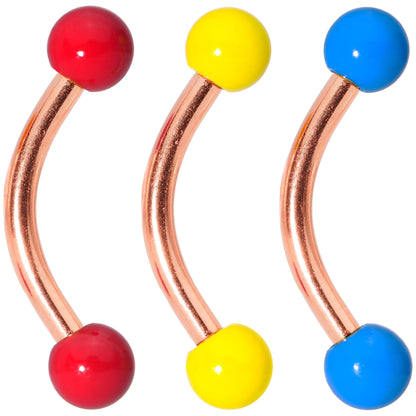 16 Gauge 5/16 Red Yellow Glow Rose Gold Tone Curved Barbell Set of 3
