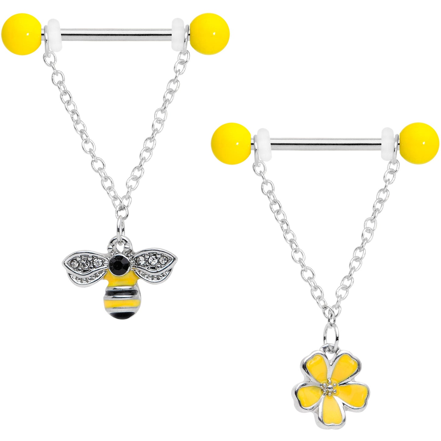 14 Gauge 9/16 Black CZ Gem Yellow Flower Bee Dangle Nipple Ring Set