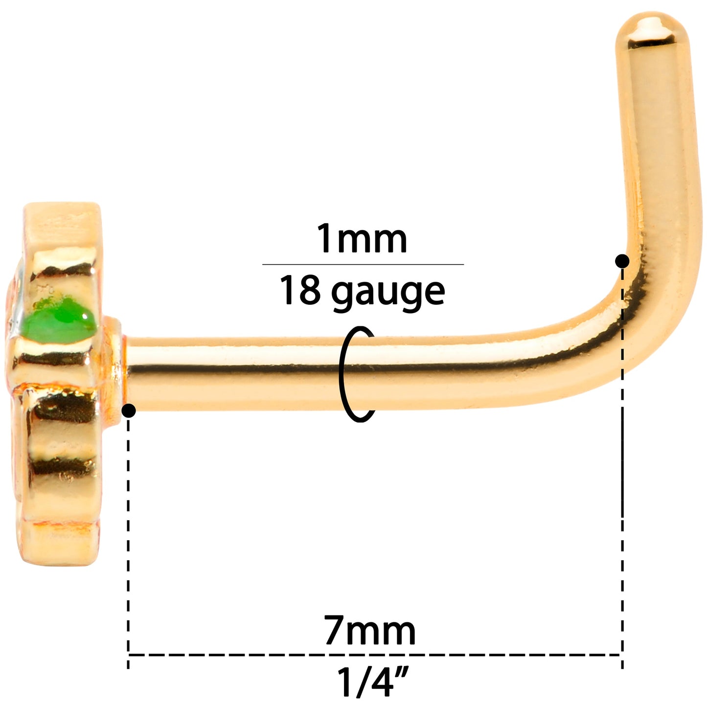 18 Gauge 5/16 Green Gold Tone Lucky Leprechaun L Shaped Nose Ring