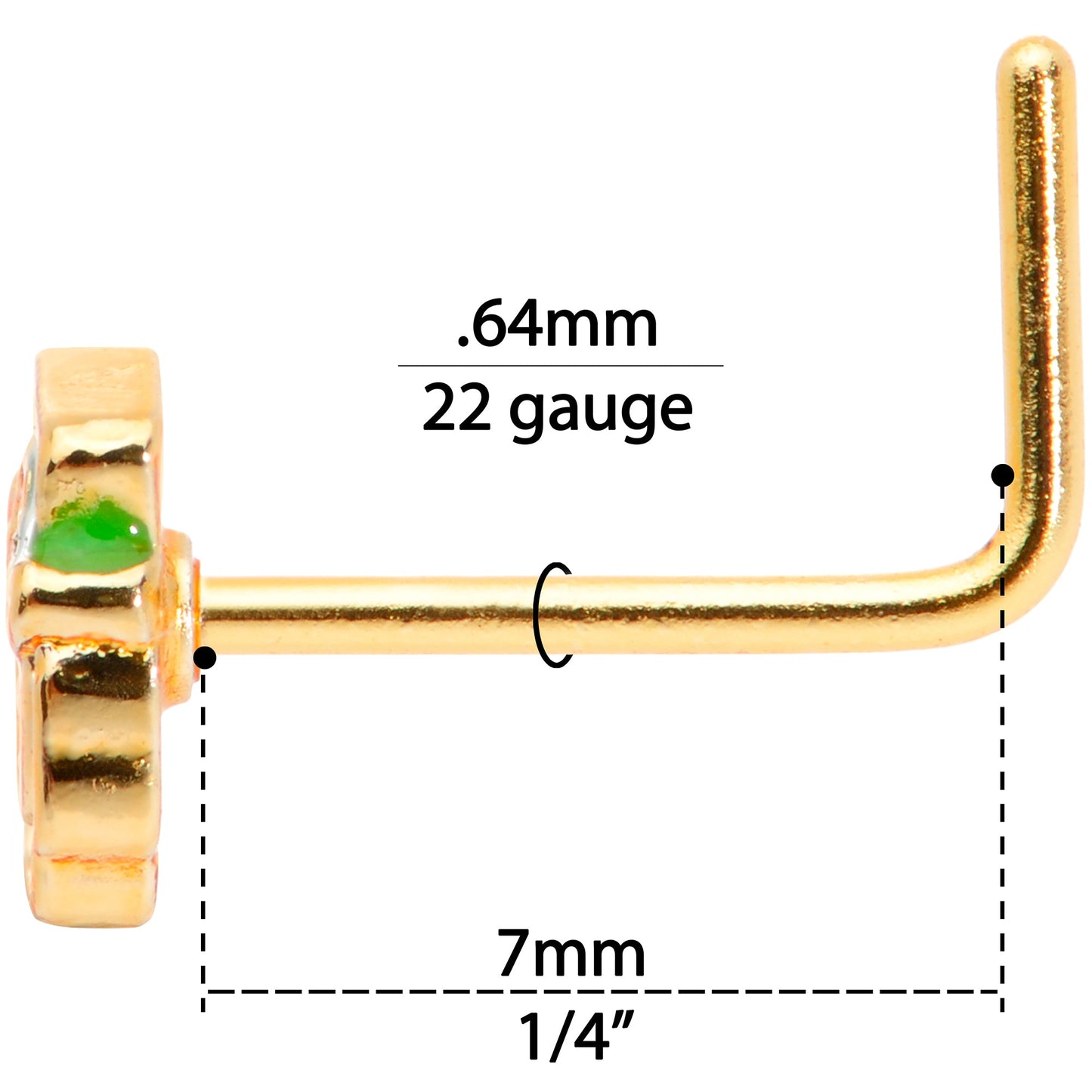 22 Gauge 5/16 Green Gold Tone Lucky Leprechaun L Shaped Nose Ring