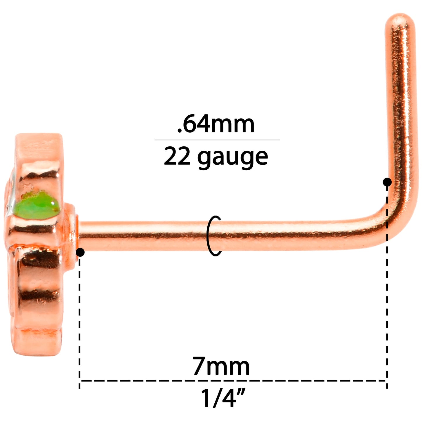 22 Gauge 5/16 Green Rose Gold Tone Lucky Leprechaun L Shaped Nose Ring