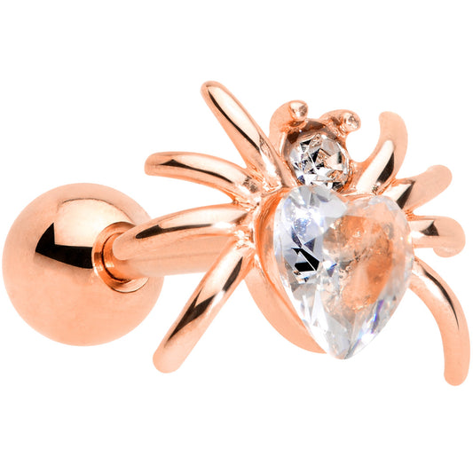 16 Gauge 1/4 Clear Gem Rose Gold Tone Heart Spider Cartilage Tragus