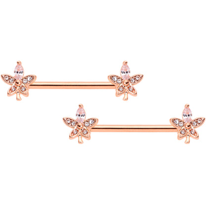 14 Gauge 5/8 Clear Gem Rose Gold Tone Beautiful Flower Nipple Ring Set