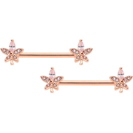 14 Gauge 5/8 Clear Gem Rose Gold Tone Beautiful Flower Nipple Ring Set