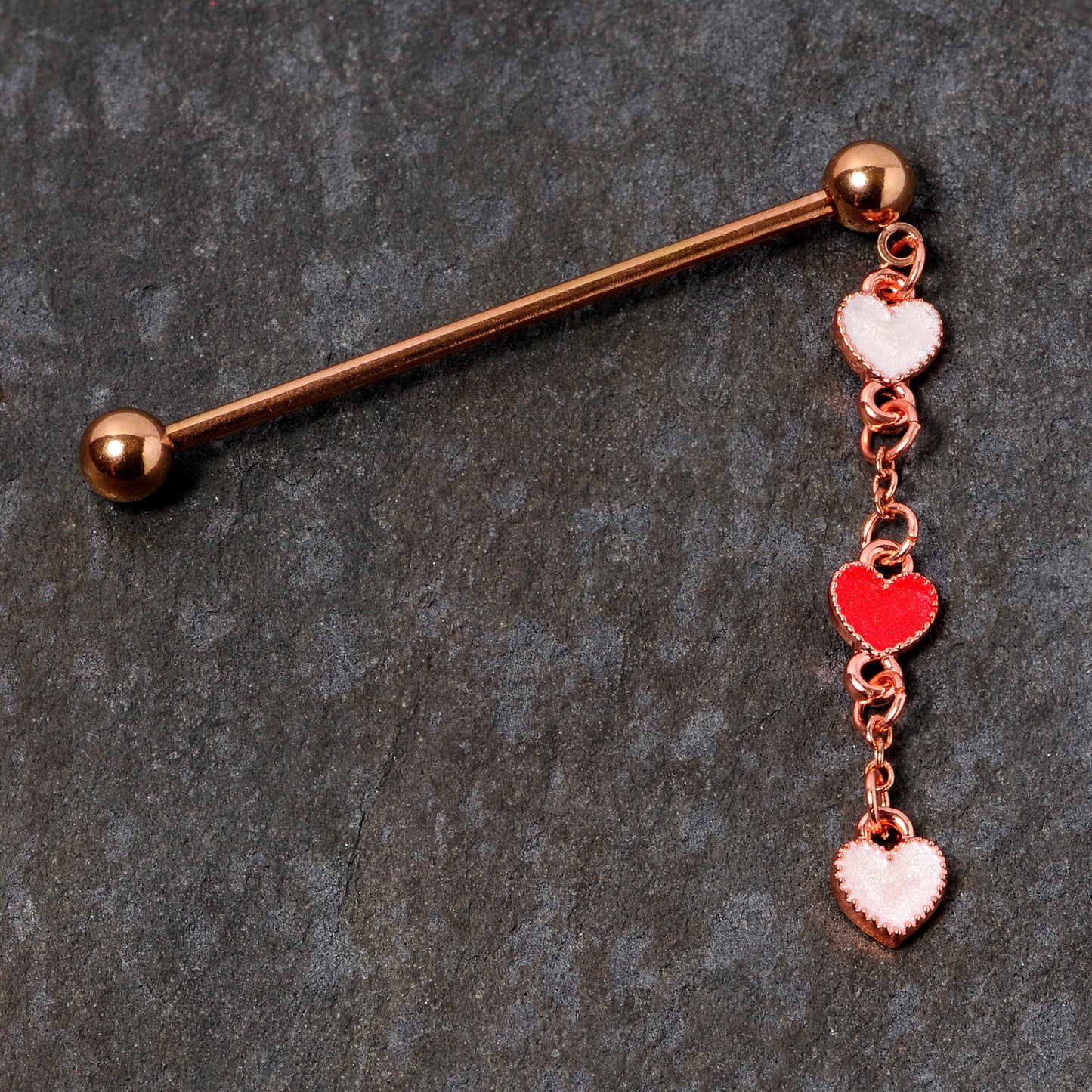 14 Gauge Red White Rose Gold Tone Hearts Dangle Industrial Barbell 38mm