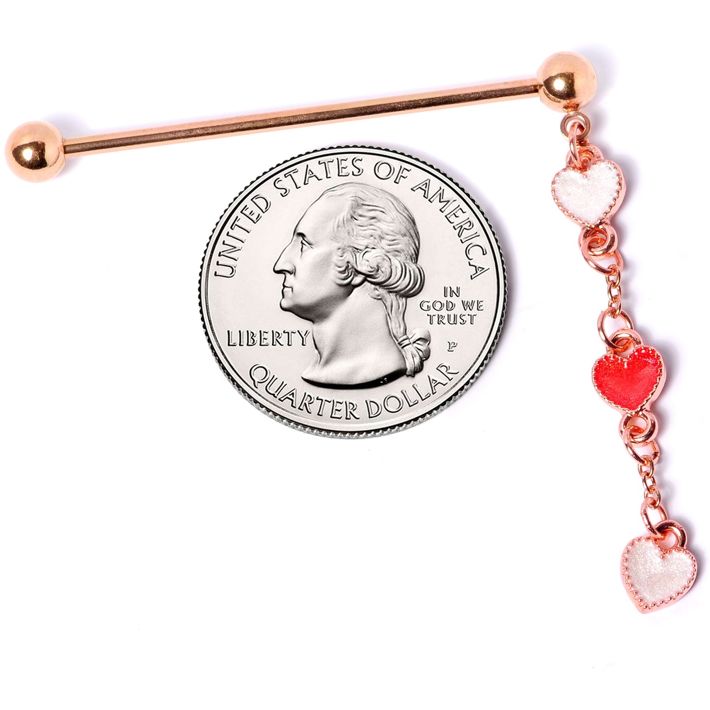 14 Gauge Red White Rose Gold Tone Hearts Dangle Industrial Barbell 38mm