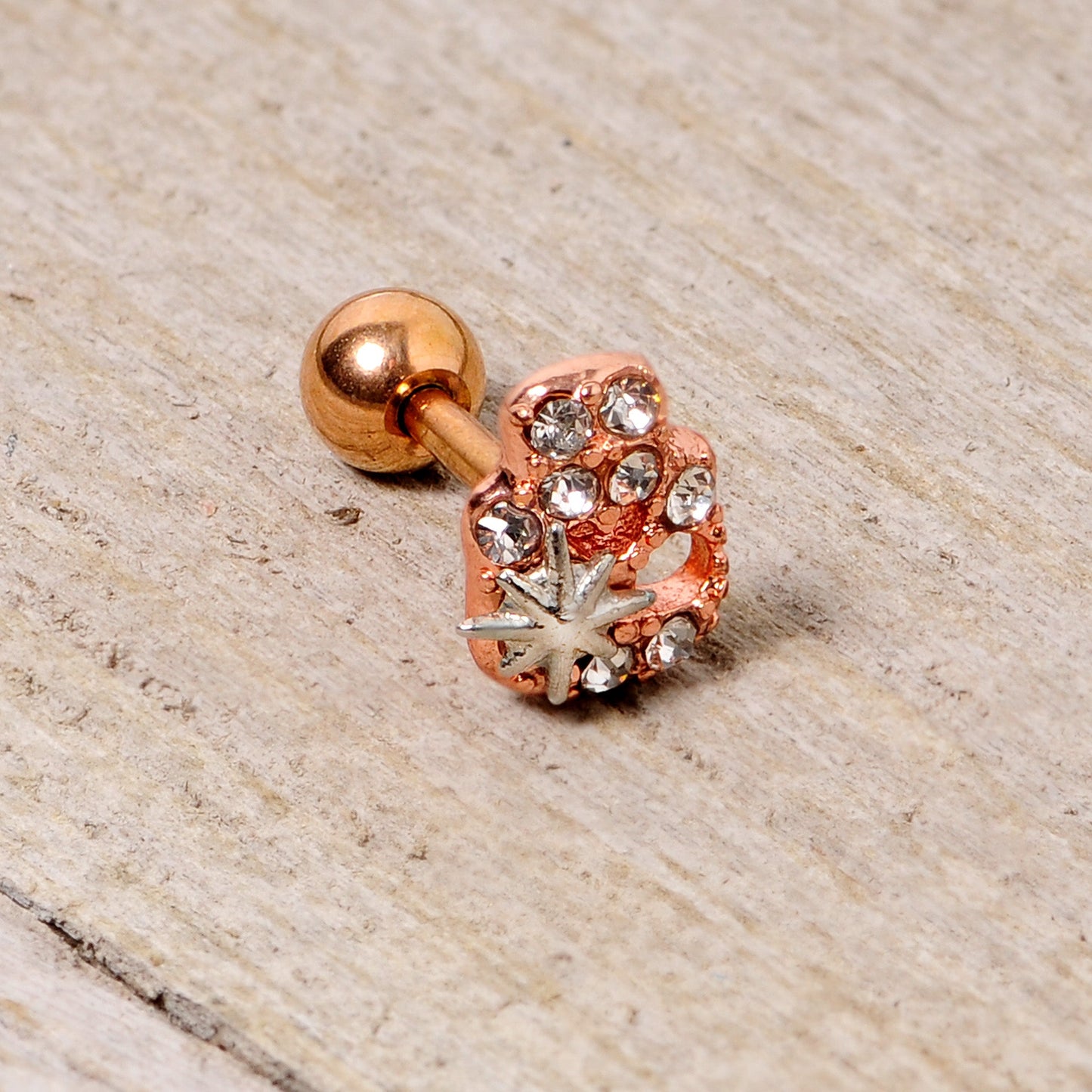 16 Gauge 1/4 Clear Gem Rose Gold Tone Star Skull Cartilage Tragus