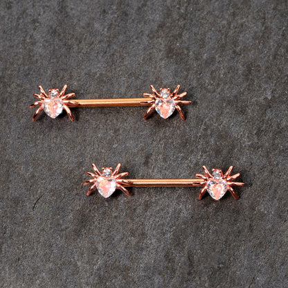 14 Gauge 9/16 Clear Gem Rose Gold Tone Heart Spider Nipple Ring Set