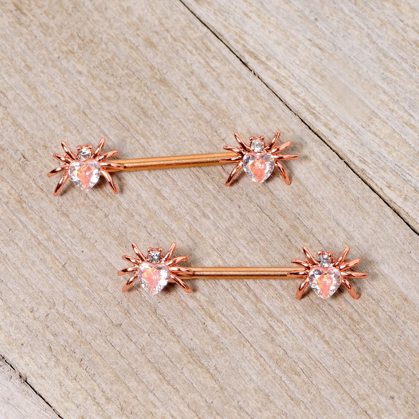 14 Gauge 9/16 Clear Gem Rose Gold Tone Heart Spider Nipple Ring Set