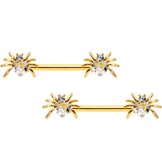 14 Gauge 9/16 Clear Gem Gold Tone Heart Spider Nipple Ring Set