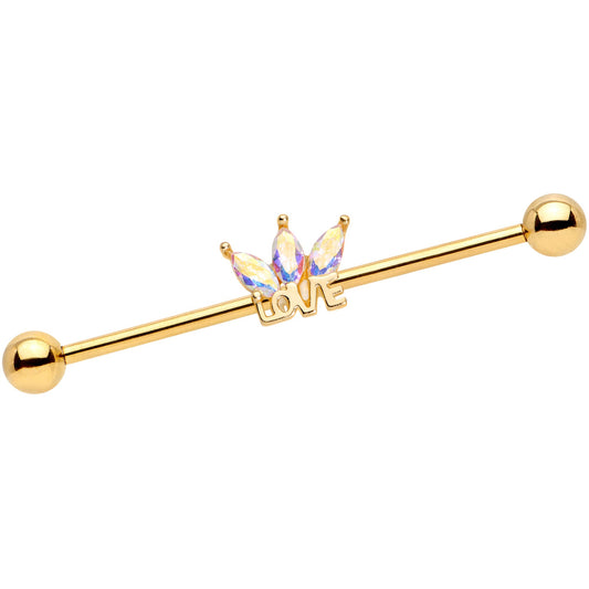 14 Gauge Aurora Gem Gold Tone Crown Love Industrial Barbell 38mm