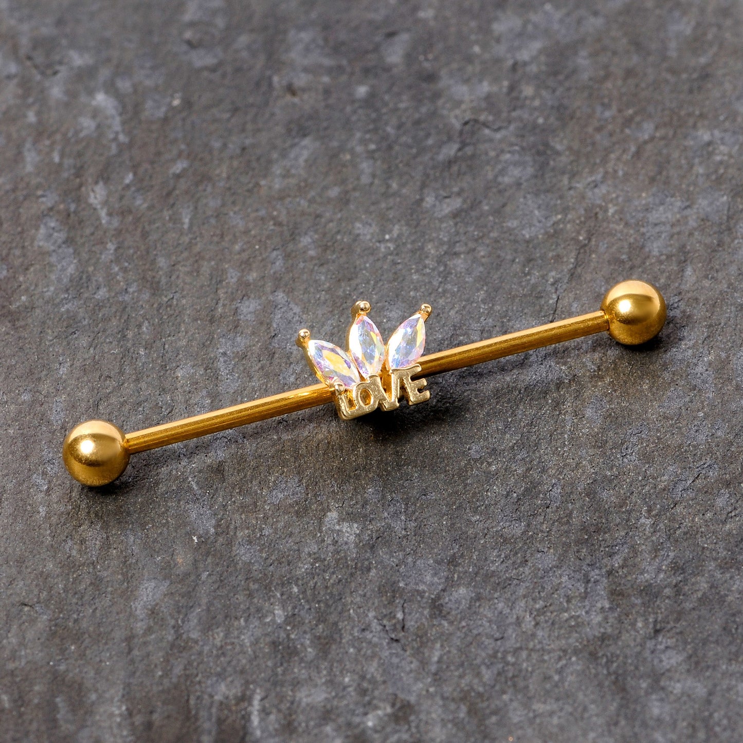 14 Gauge Aurora Gem Gold Tone Crown Love Industrial Barbell 38mm